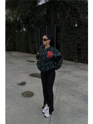 Kendim Fashion Pötikare Desen Nakışlı Kolej Ceket - Haki