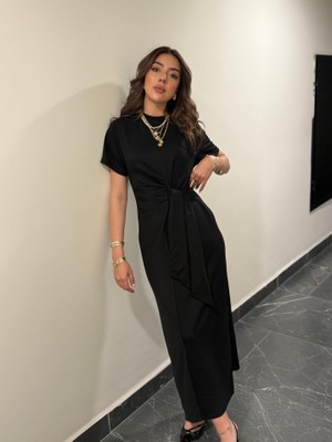 Kendim Fashion Kadın Kısa Kollu Bisiklet Yaka Yandan Bağlamalı Viskon Iki Iplik Elbise