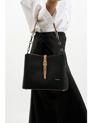 Just Polo Kadın Kahve Taba Gofraj Baskılı Desenli Fermuar Kapama Vegan Omuz ve El Çantası 4019