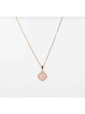Taşmir Pembe Kuvars Doğal Taş Gold Renkli Kolye