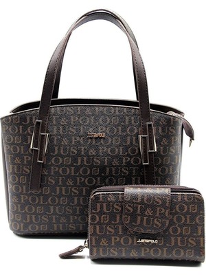 Just Polo Kadın Kahverengi Taba Baskı Desenli Omuz Çanta ve Cüzdan Seti -2066-GD