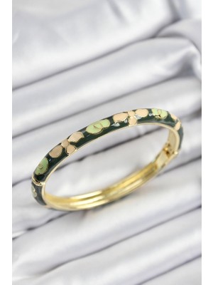 Skygo Mineli Pirinç Krem Ve Yeşil Çiçek Motifli Gold Renk Kadın Kelepçe - TJ-BB7400