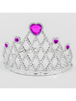 Evolvera Fuşya Kalpli Gümüş Renk Kraliçe Tacı Prenses Tacı