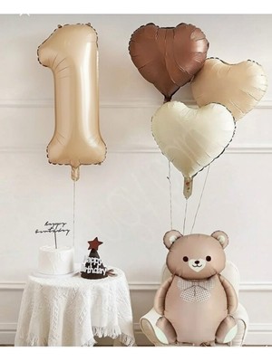 Fiyonklu Ayı Krem Bej Çikolata Kalp Folyo Yaş Balon Set