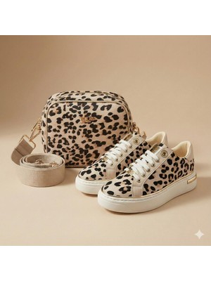 Kuum London Kombin Leopar Desenli Sneaker Kanvas Kadın Ayakkabı Çanta