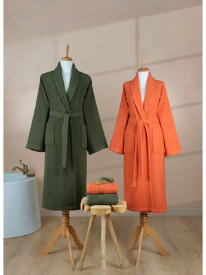 Ellaline 4 Parça Çizgili Bornoz Seti %100 Pamuk Sertifikalı, Şalyaka Kiremit Turuncu Yeşil Aile Banyo Takımı