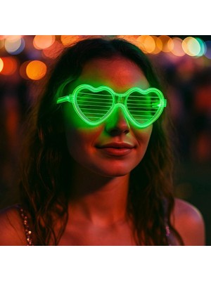 Evolvera Yeşil LED Işıklı Kalp Gözlük – 3 Modlu Parti  Glow Gözlüğü
