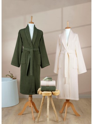 Ellaline 4 Parça Çizgili Bornoz Seti %100 Pamuk Sertifikalı Aile Havlu Bornoz Takımı Çeyiz Seti Yeşil - Krem