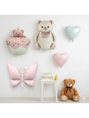 Fiyonklu Krem Ayı Kelebek Pasta Folyo Balonlu Doğum Günü Balon Set