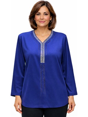 Rahat Kesim V Yaka Mavi Anne Kadın Penye Bluz