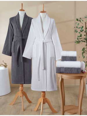 Ellaline 6 Parça Bornoz Seti %100 Pamuk Sertifikalı, Aile Bornoz Takımı | Çeyizlik | Beyaz - Antrasit