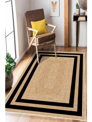 Pelura Halı Çerçeveli Jüt Görünümlü Dijital Baskı Yıkanabilir Kaymaz Taban Halı Mutfak Halısı Salon Halısı