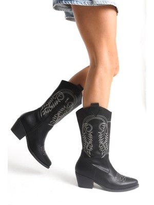 LUQSE Kadın Western Kovboy Çizme – Nakışlı Topuklu Orta Boy Model