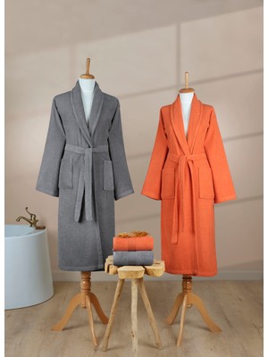 Ellaline 4 Parça Çizgili Bornoz Seti %100 Pamuk Sertifikalı Aile Havlu Bornoz Takımı Çeyiz Seti Gri - Turuncu