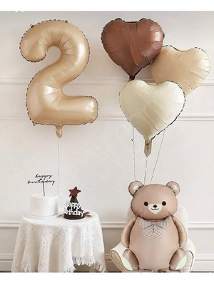 Fiyonklu Ayı Krem Bej Çikolata Kalp Folyo Yaş Balon Set