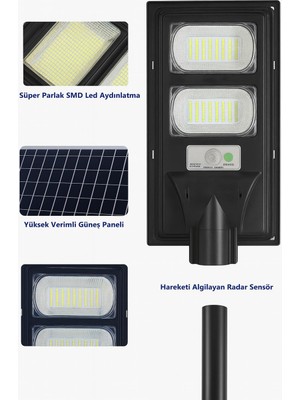 100W 100 LED Solar Güneş Enerjili Sokak Armatürü Hareket Sensörlü Uzaktan Kumandalı 3 Mod HL-5151