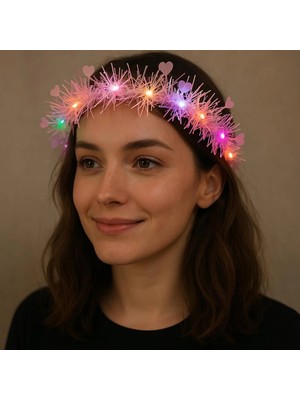 Evolvera Kalp Püsküllü Gece Parıltısı 3 Modlu LED39LI Işıklı Taç Pembe Renk