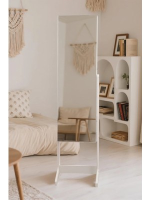 Myplas Modern Tasarımlı Aynalı Kitlenebilir Ahşap Takı ve Makyaj Dolabı Ayaklı Boy Aynası Beyaz 160X37