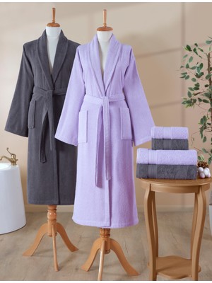 Ellaline 6 Parça Bornoz Seti %100 Pamuk Sertifikalı, Aile Bornoz Takımı | Çeyizlik | Lila - Antrasit