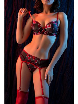 Haye Collection Under Moda Kırmızı Dantel Jartiyerli 4’lü Fantazi Iç Giyim Takımı,transparan Ayarlanabilir Askılı,kadın Içgiyim