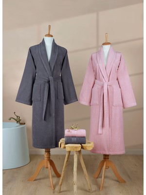 Ellaline 4 Parça Bornoz Seti %100 Pamuk Sertifikalı, Şalyaka Çeyizlik Aile Bornozu Takımı Antrasit - Pembe