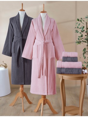 Ellaline 6 Parça Bornoz Seti %100 Pamuk Sertifikalı, Aile Bornoz Takımı | Çeyizlik | Pembe - Antrasit