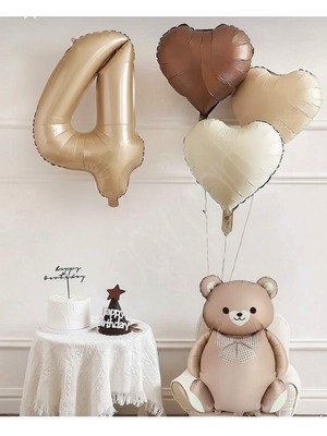 Fiyonklu Ayı Krem Bej Çikolata Kalp Folyo Yaş Balon Set