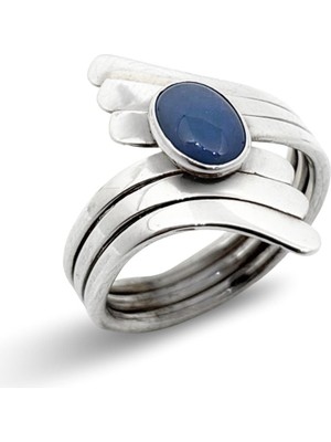 Oya Silver Doğal Mavi Akik Taşlı Kanat Gümüş Kadın Yüzük [OYSY085]