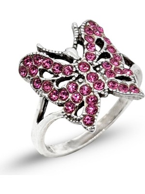 Oya Silver Pembe Zirkon Taşlı Kelebek Kadın Gümüş Yüzük [OYSY082]