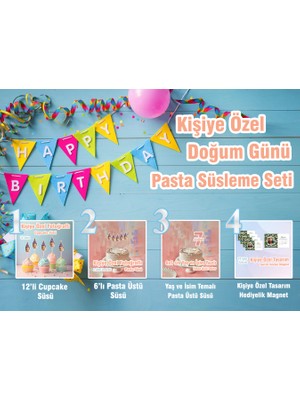 E-TrendPro Partininyıldızı 4'ü 1 Arada Kişiye Özel Doğum Günü Süsleme Seti 12'li Fotoğraflı Cupcake Topper, Pasta Üstü Flama Dekor, Isimli Yaş Panosu ve Kişiye Özel Tarih Temalı Magnet Paketi |lüks Premium Seri