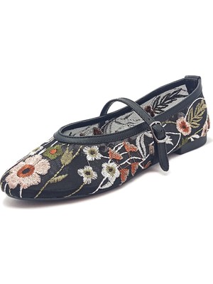 Gdt Ayakkabı Siyah Renk Fileli Çiçek Motifli Kadın Babet