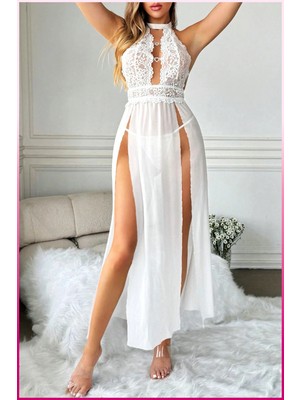 Haye Collection Under Moda Beyaz Kalp Aksesuarlı Tül Etekli Kadın Seksi Gecelik