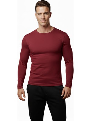 DeepSEA Bordo Dar Kalıp Likralı %90 Pamuk Erkek Sweatshirt – Vücuda Oturan İnce Penye Sweat 2300423