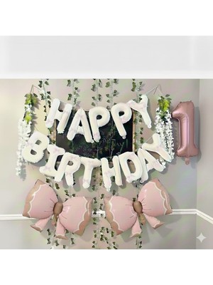 Beyaz Happy Bırthday Fiyonklu Folyo Doğum Günü Yaş Parti Set