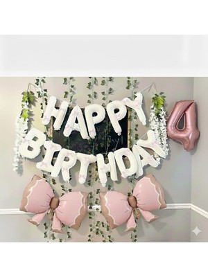 Beyaz Happy Bırthday Fiyonklu Folyo Doğum Günü Yaş Parti Set