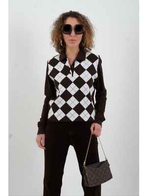 Zelish My Sister Kahve Ekru Baklava Desen Polo Yaka Kazak