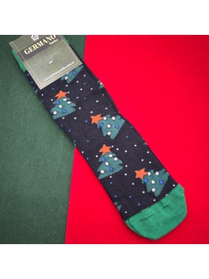 Germano Mavi Turuncu Detaylı Yılbaşı Ağaç Desenli Yılbaşı Çorabı