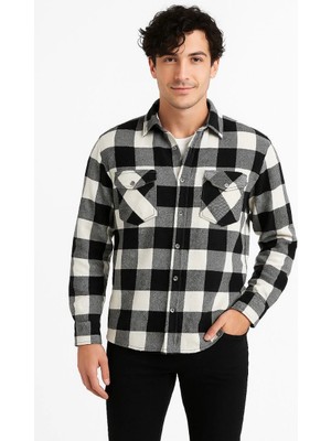 Velmora Fashion Erkek Oduncu Gömlek - Uzun Kollu, Şardonlu Kumaş, Kareli Desen, Regular Fit, Manşetli, Çift Cepli, Rahat Günlük Bahar & Kış Stil - Siyah