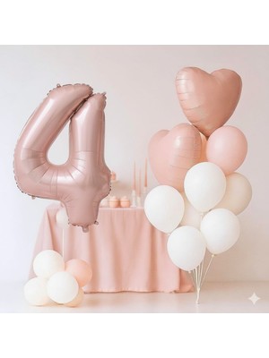 Pembe Kalp Rakam Folyo Balonlu Yaş Balon Set