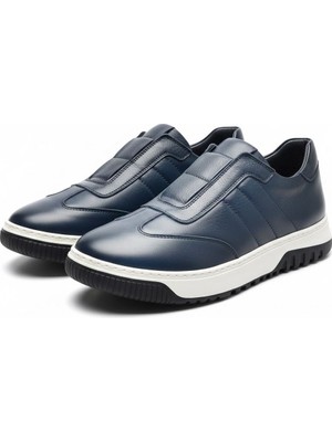 Zueofficial Erkek Lacivert Hakiki Deri Ayakkabı – Bağcıksız Spor Günlük Rahat Model