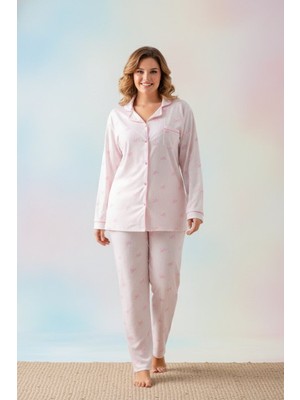 Morvarid Uzun Kol Gömlek Yaka Kadın Pinterest Pijama Takımı - Mevsimlik Kadın Pijama- Büyük Beden