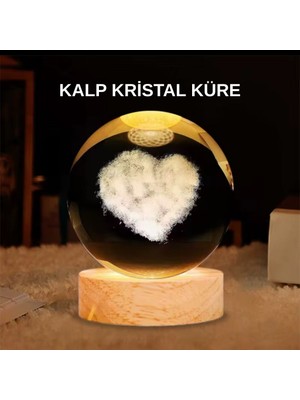 Astral LED Işıklı Kalp Desenli Cam Küre Büyük Boy Ahşap Tabanlı