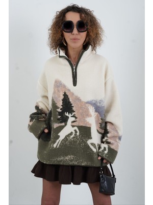 Zelish My Sister Haki Ekru Geyik Desenli Polar Sweatshirt