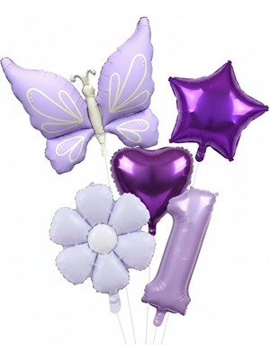 Lila Kelebek Papatya Lila Rakamlı Yaş Balon Set