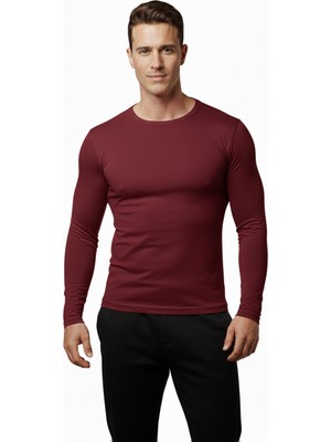 Deepsea Koyu Bordo Dar Kalıp Likralı %90 Pamuk Erkek Sweatshirt – Vücuda Oturan Ince Penye Sweat 2300423