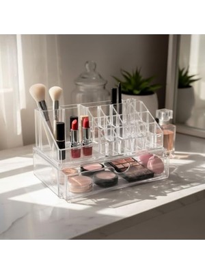 Deconox 17 Bölmeli Şeffaf Akrilik Makyaj Düzenleyici - Tek Çekmeceli Kozmetik Organizeri | Ruj, Fırça, Fondöten, Palet Saklama Kutusu (23X14X14 Cm)
