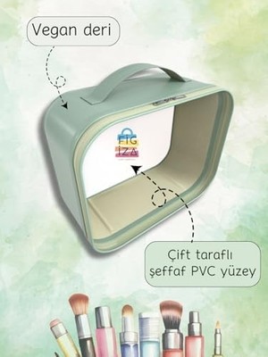 Figiza Makyaj Çantası Kozmetik Düzenleyici Seyahat Tipi Deri Görünümlü Şeffaf Organizer (24 * 18 * 11 Cm) (Yeşil)