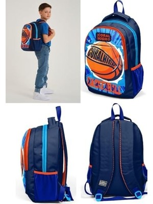 Lacivert Basketbol Desenli Ilkokul ve Ortaokul Sırt Çantası Üç Bölmeli Erkek Çocuk