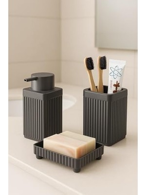 Serisi Açık Gri Banyo Seti, 3 Parça Diş Fırçalık, Sıvı Sabunluk, Katı Sabunluk Aksesuar Takımı Gri