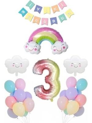 3 Yaş Gökkuşağı Bulut Konsepti Doğum Günü Parti Kutlama Seti